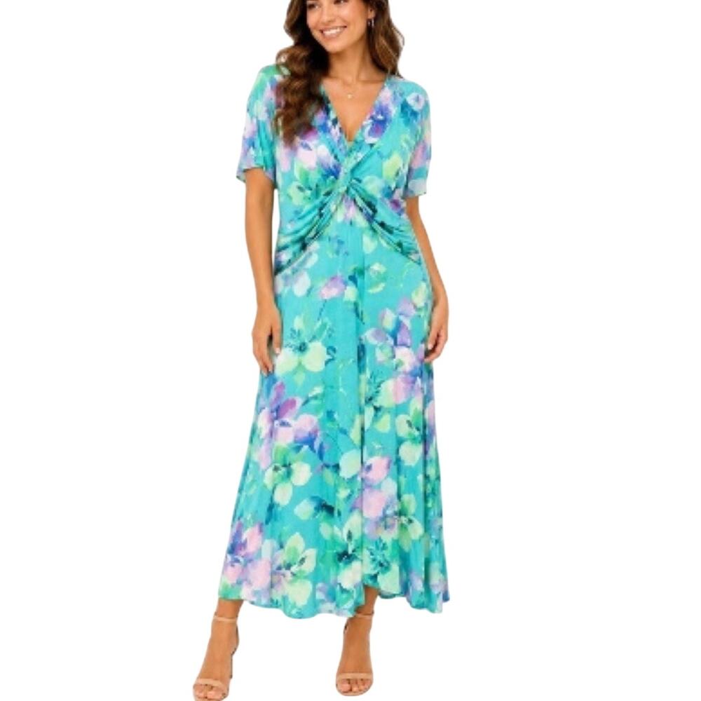 Soft Surroundings Maxi Dress Womens Size M Blue Floral Twist Front Stretch Knit